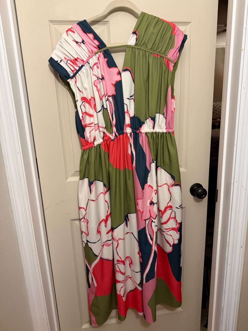 Crosby by Mollie Burch Floral V-Neck Midi Dress in Green, Pink & Navy